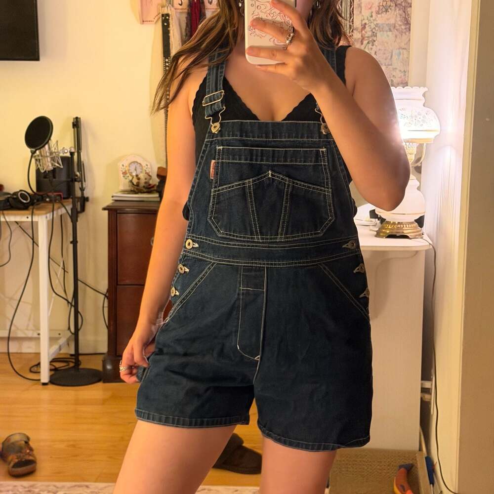 London London Vintage Denim Short Overalls Dark Wash Dungaree Shorts